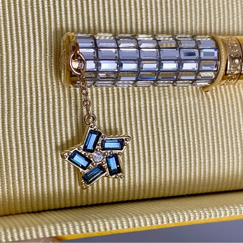 Swarovski Gold Crystal Pen with Blue Star Charm in Yellow Gift Box